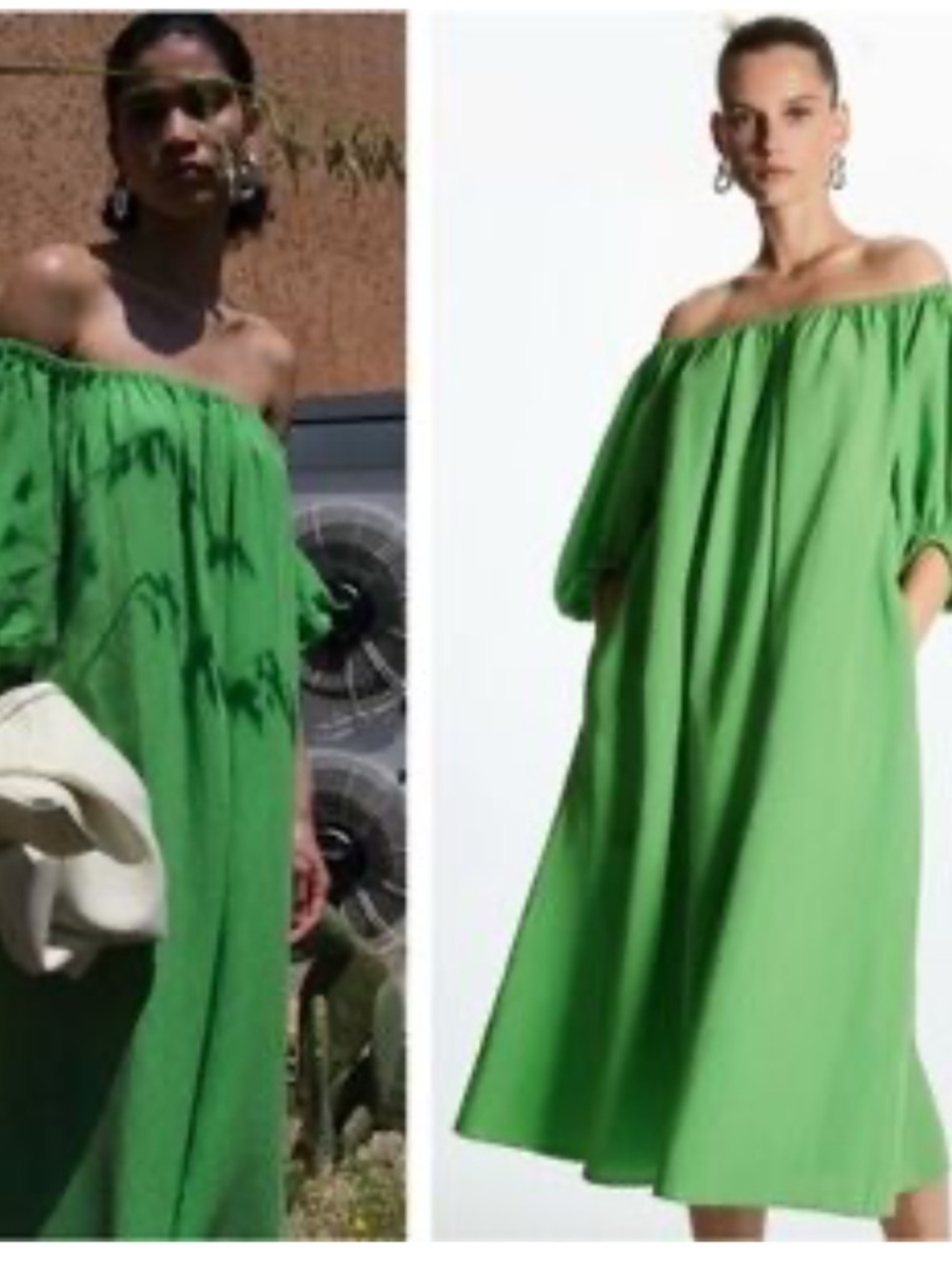 COS Green Linen Blend Midi Dress Size 42 US 10 Puff Sleeve Smocked Neck